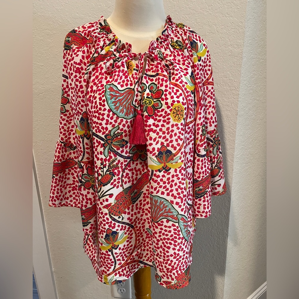 JADE Melody Tam Red Tropical Peacock Print Blouse. Medium Excellent Condition - Picture 1 of 8